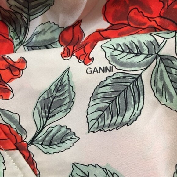 Ganni Rose Print Oversized Tie-Neck Stretch-Silk Blouse - Picture 9 of 15